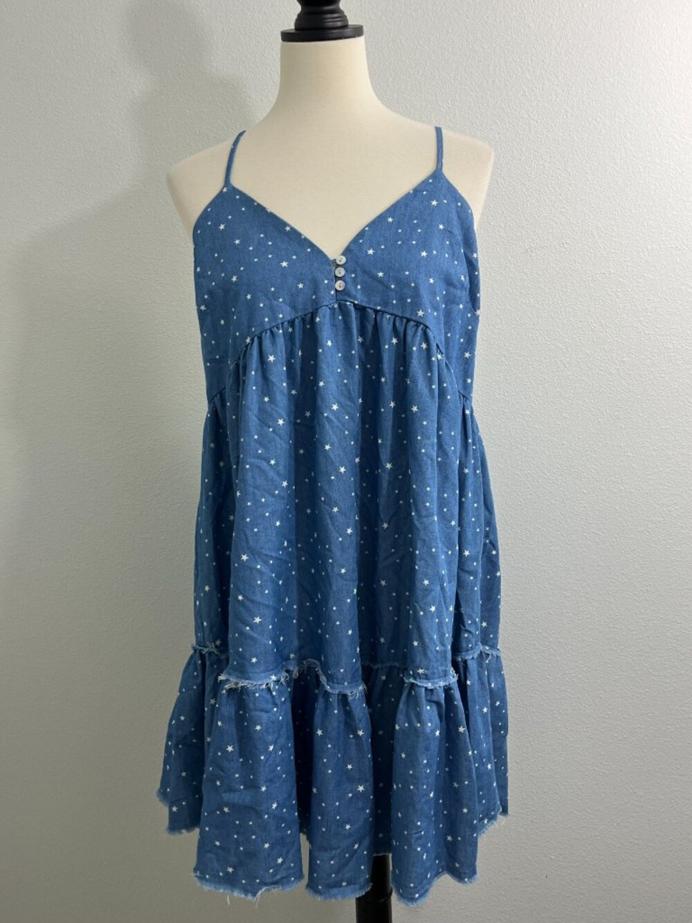 New Jodifl Large Starry Dotted Chambray Denim Babydoll Dress